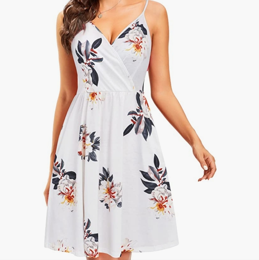 White Spaghetti Strap Dress with Floral Print